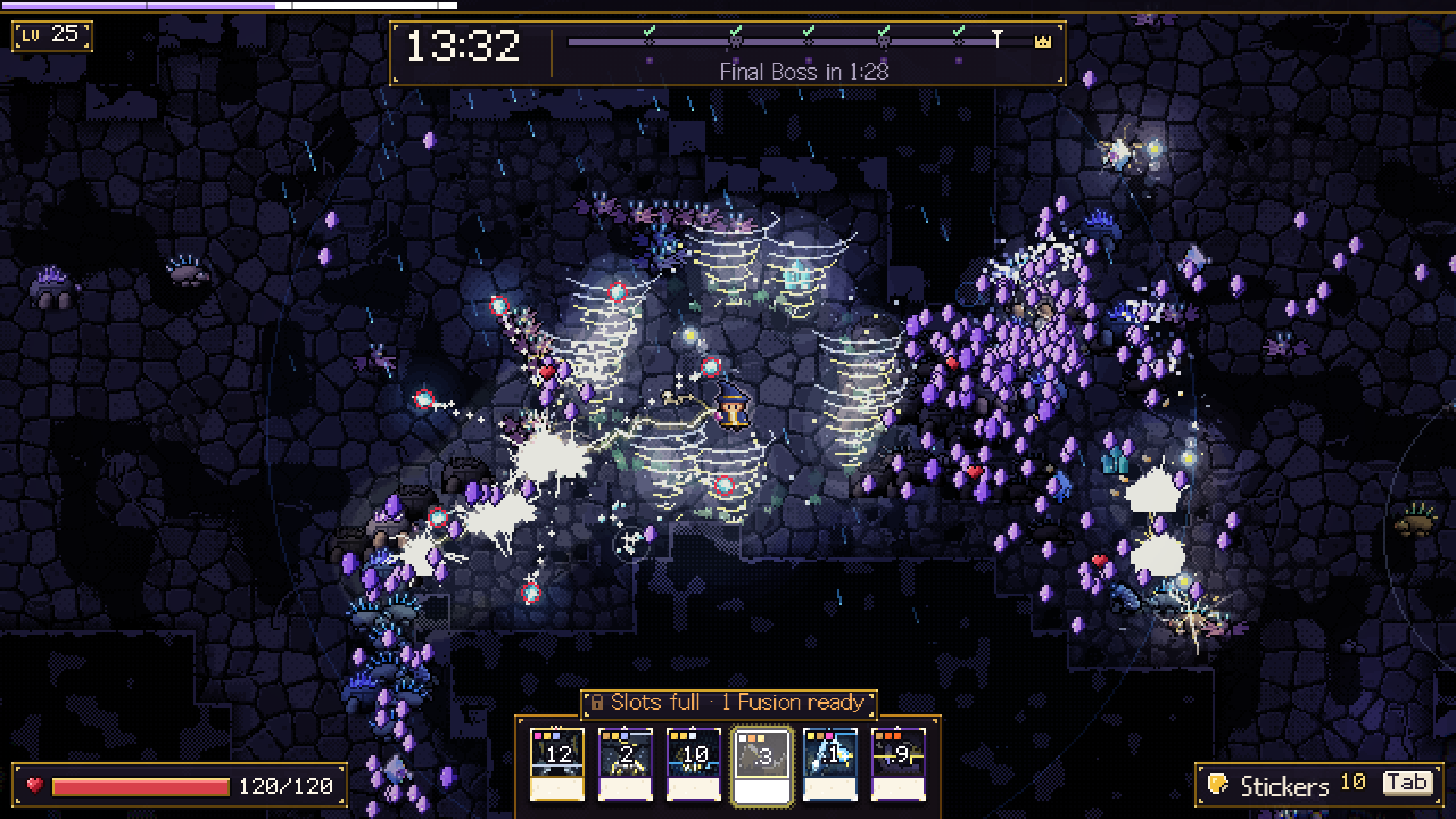 Magic Squared gameplay: a wizard's lightning tornadoes cutting through a horde in a pixel-art dungeon.